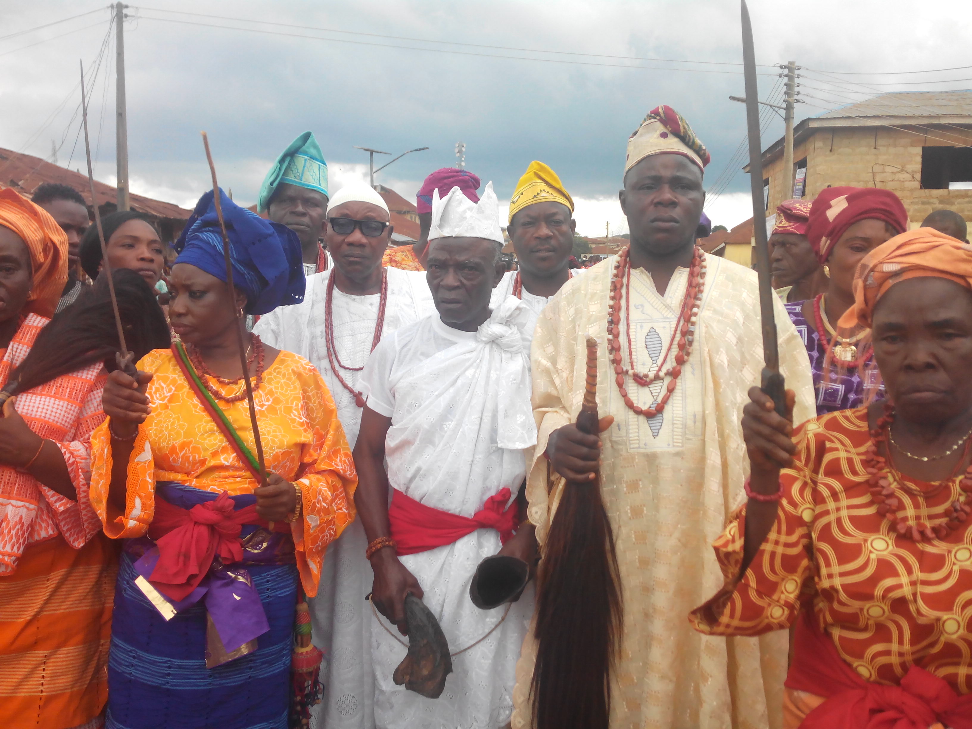 The prominent Okorobo priest, High Chief Oluwore leading other  traditional chiefs during the festival held recently in Ifaki- Ekiti.