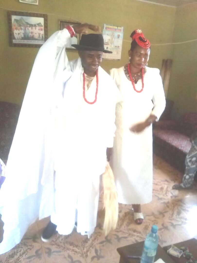 Newly installed Olori Isobo, the head of the Ibibio in Ekiti State, Chief Noah Agbogun and his wife during the installation ceremony.