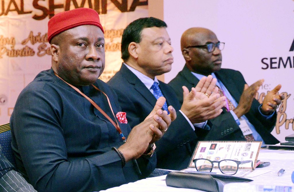Chairman of the occasion and Chief Executive Officer of Air Peace, Barrister Allen Onyema, Chairman African Business Aircraft Association (AFBAA), Nick Fadugba and Chief Executive Office, Selective Security, Mr. Ayo Obilana at the 22nd Annual Seminar of the League of Airports and Aviation Correspondents (LAAC), held at Sheraton Hotels and Suites, Ikeja, Lagos.